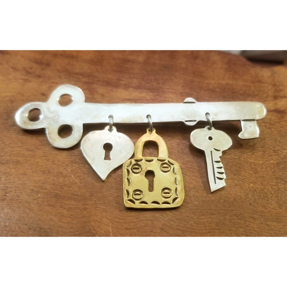 Vintage 925 Sterling Silver Heart Lock & Key Brooch Mexico TC 2-11 3.5"x2"